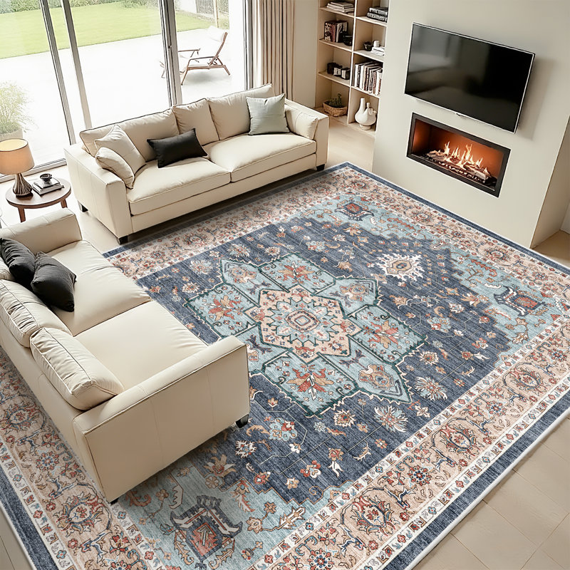 Washable Oriental Area Rug - Rugs for Living Room Soft Carpet for Bedroom Waterproof Floral Distressed Indoor Stain Resistant Non-Shedding Floor Carpets (Blue/Teal/Orange)