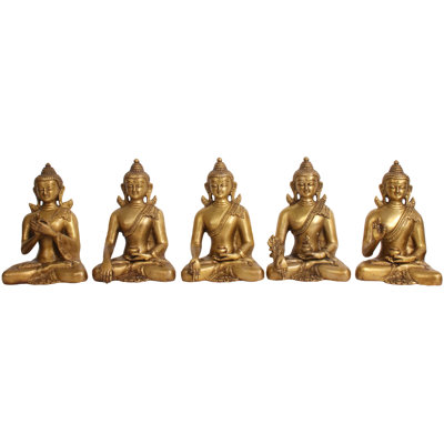Ensemble de 6 statues de Bouddhas cosmiques fabriquées à la main en laiton 6 pouces - Bouddha Dhyani traditionnel tibétain pour autel de méditation, décor spirituel et harmonie Feng Shui