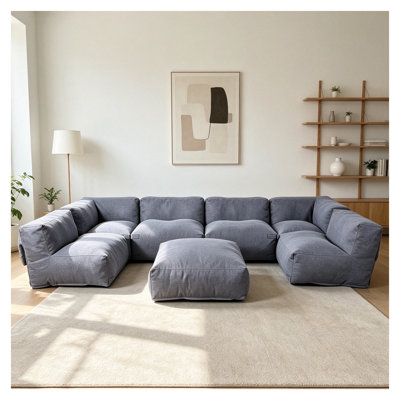 Ensemble de canapé d'angle modulaire 7 places avec housses amovibles, canapé de sol en polyester aspect lin pour une utilisation intérieure et extérieure couverte, gris