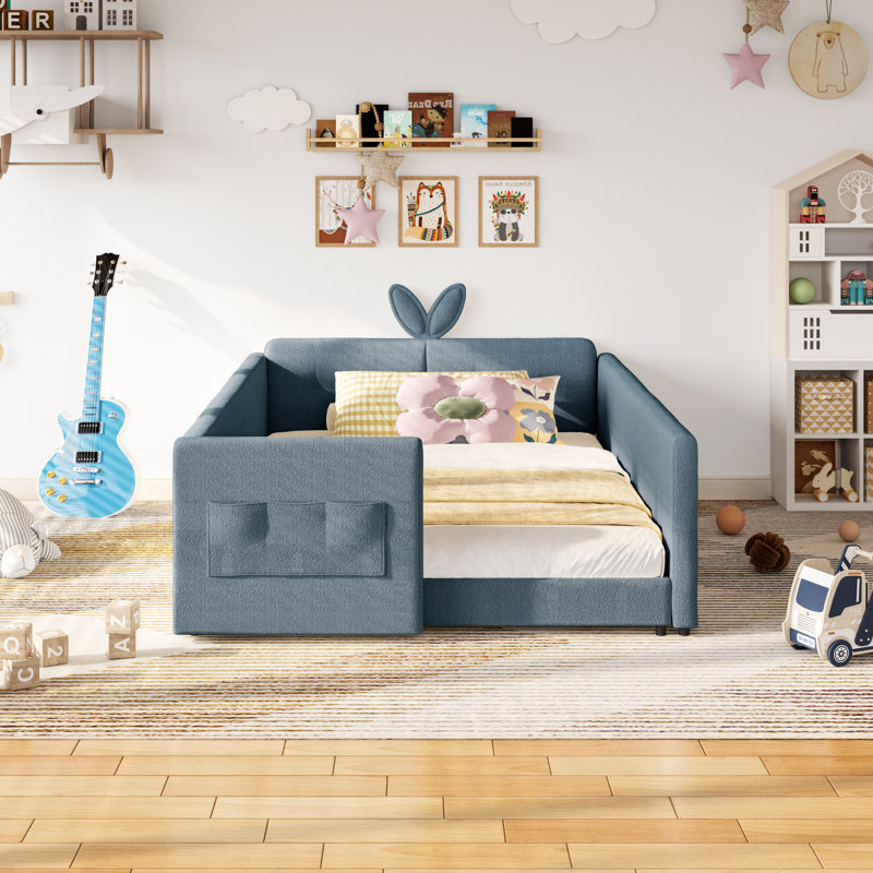 Full  Size Upholstered Platform Bed With Cute Rabbit Ear Shaped Headboard, Safety Rail, And Convenient Storage Pocket, Boucle Fabric – Perfect For Kids' Bedroom