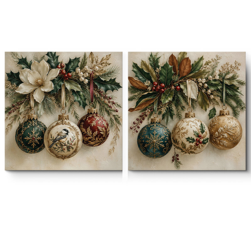 Ensemble de 2 reproductions d'art rustique des fêtes avec branches à feuilles persistantes et charme festif d'hiver encadré sur toile