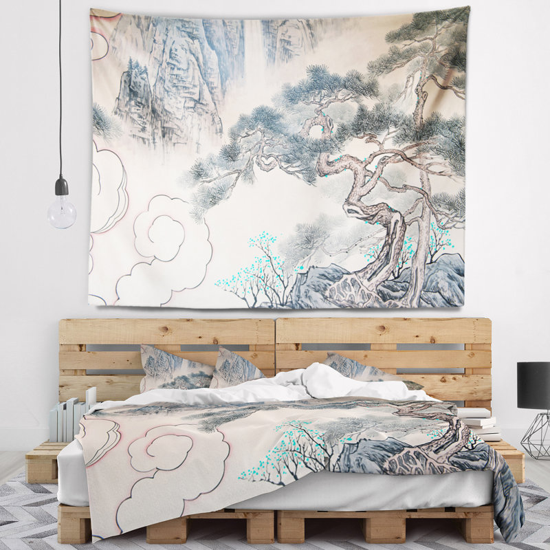 Tapisserie art floral bleu chinois, H 68 po x l 80 po