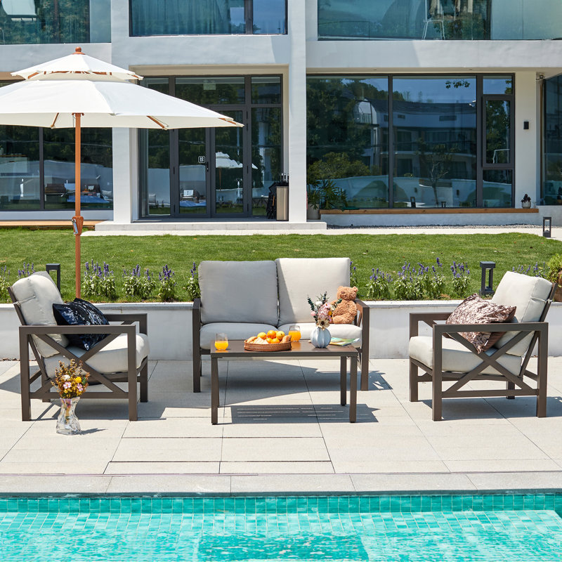 Jahmere 4 - Person Metal Outdoor Seating Group with Thick Cushions，2 Rocking Chairs, Beige