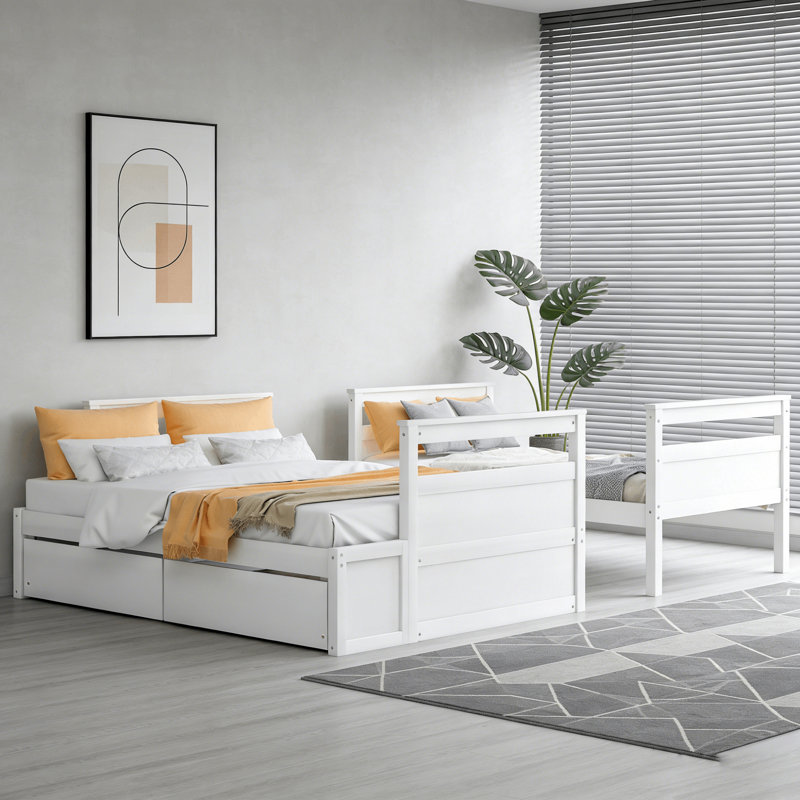 Lit superposé simple au-dessus d'un lit double avec 2 tiroirs de rangement, Blanc