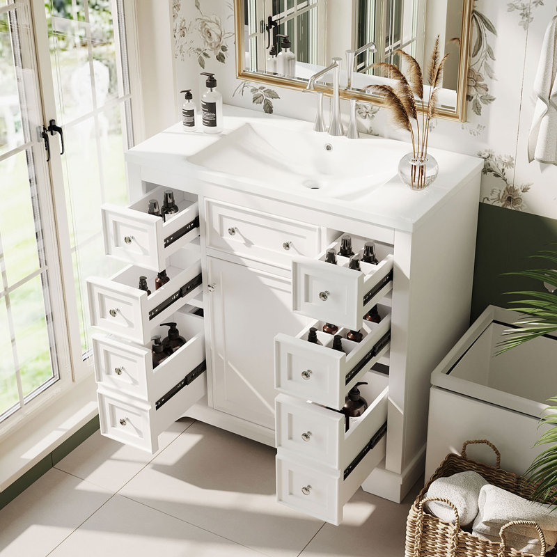 Meuble-lavabo sur pied simple 36 po avec plateau en céramique Keyri