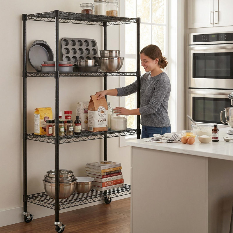 Étagère robuste à 4 fils métalliques - Résistante à la rouille - Idéale pour la cuisine, le garage ou le garde-manger. Dimensions : 90 cm (P) x 46 cm (L) x 160 cm (H). Structure entièrement en fer. 4 tablettes ouvertes, pivotantes avec verrous. Unités réglables. Convient également pour la salle de bain. Épaisseur : 25 mm.