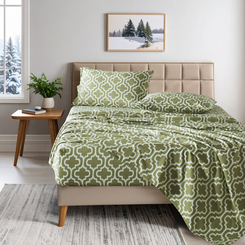 Ensemble de draps 100% flanelle Nile Mills Trellis, Ensemble de draps pour très grand lit avec 2 taie, Sauge