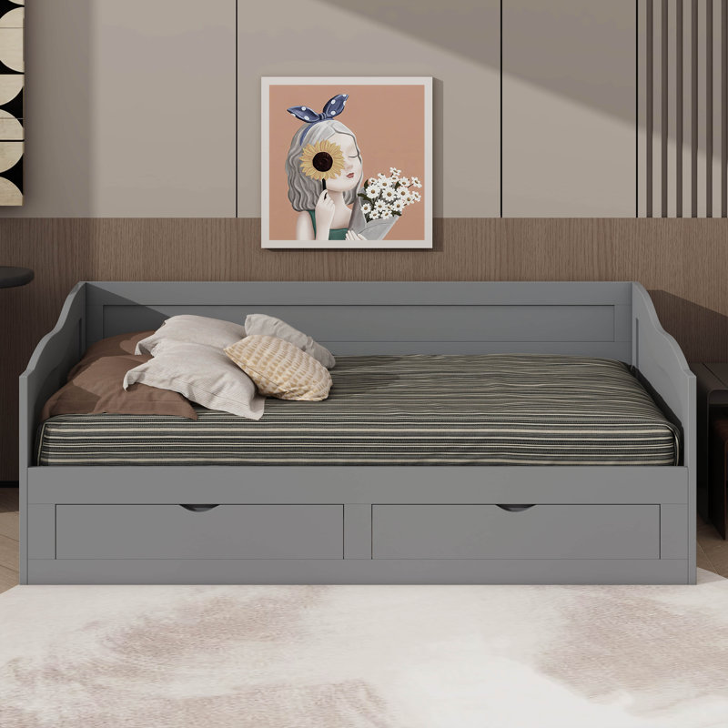 Lit de jour simple en bois avec lit gigogne et deux tiroirs de rangement, lit de jour extensible, Gris
