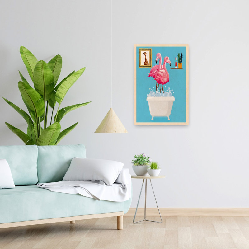 Flamingo Bubble Bath Fun Colorful Playful Surreal Bird Flamingo Giraffe Plant Tropical Wall Art Print by WallChart Art Studio - Wrapped Canvas Print