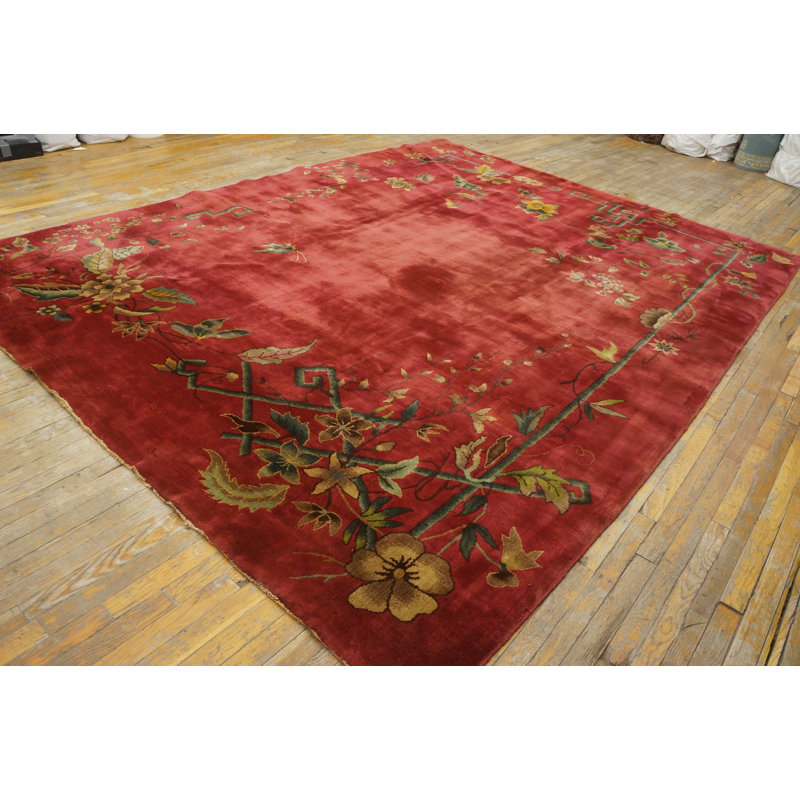 Hand Knotted Pile Red / Rust Wool Antique 1920s Rectangle Chinese Art Deco Rug