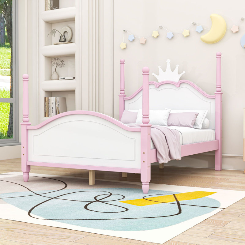 Lit plateforme à quatre colonnes avec tête de lit et tête de lit Crown, Rose blanc