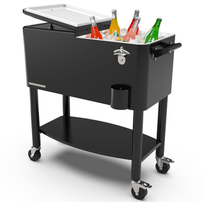 Permasteel Party Cooler With Divider, Spacious 80-qt Capacity, Chills 36hrs, Serving Tray, Rolling Ice Chest For Indoor & Outdoor Entertainment, Black
