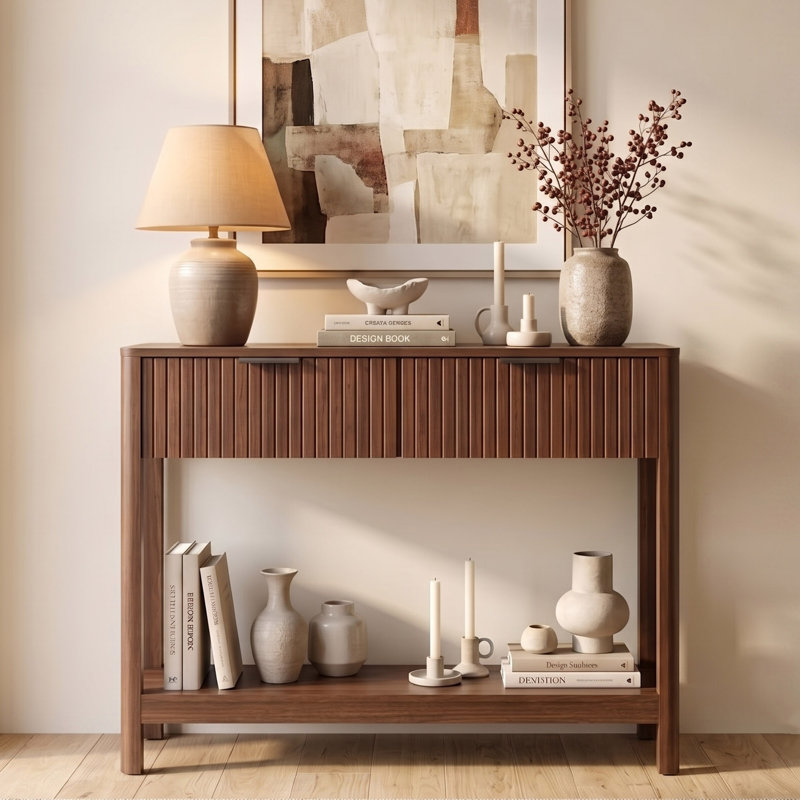 Console Mid-Century cannelée, 2 tiroirs et tablette ouverte, canapé en noyer et table d'entrée