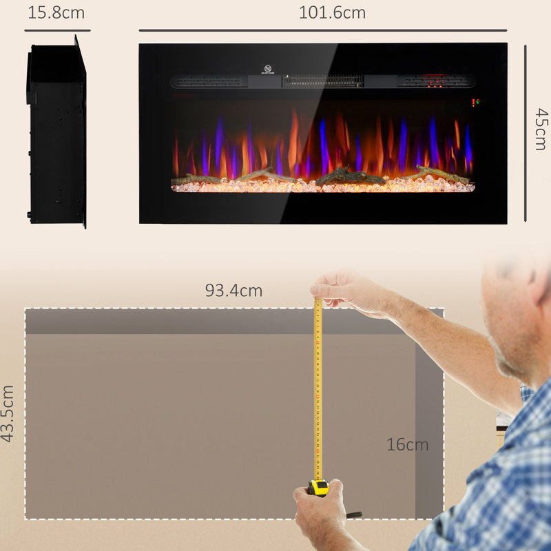 Foyer électrique encastré de 40 po: 1500 W avec télécommande, flamme réglable, bûche et cristal, minuterie 8H, flamme de couleur murale en acier noir