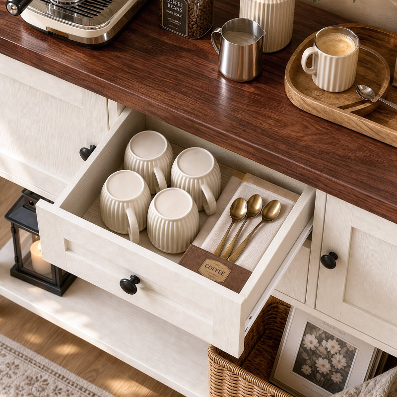 Console Farmhouse de 41,7 po de largeur avec prise de courant et ports USB, 2 armoires, 2 tiroirs, canapé d'entrée, table de rangement latérale pour le salon, le café et le couloir