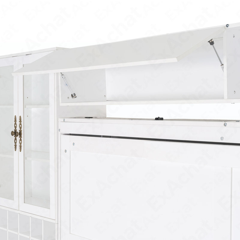 Grand lit escamotable mural avec canapé, tablettes USB et luminaires, blanc, Blanc