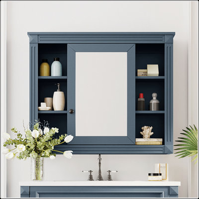 Armoire de rangement murale avec miroir, 35 po x 28 po, de conception moderne avec 6 tablettes ouvertes et armoires encastrées pour une organisation sans encombrement