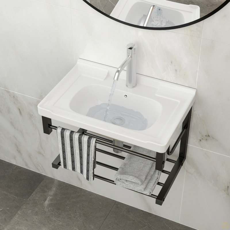 Lavabo de salle de bain mural rectangulaire en céramique avec barre à serviettes noire et trop-plein