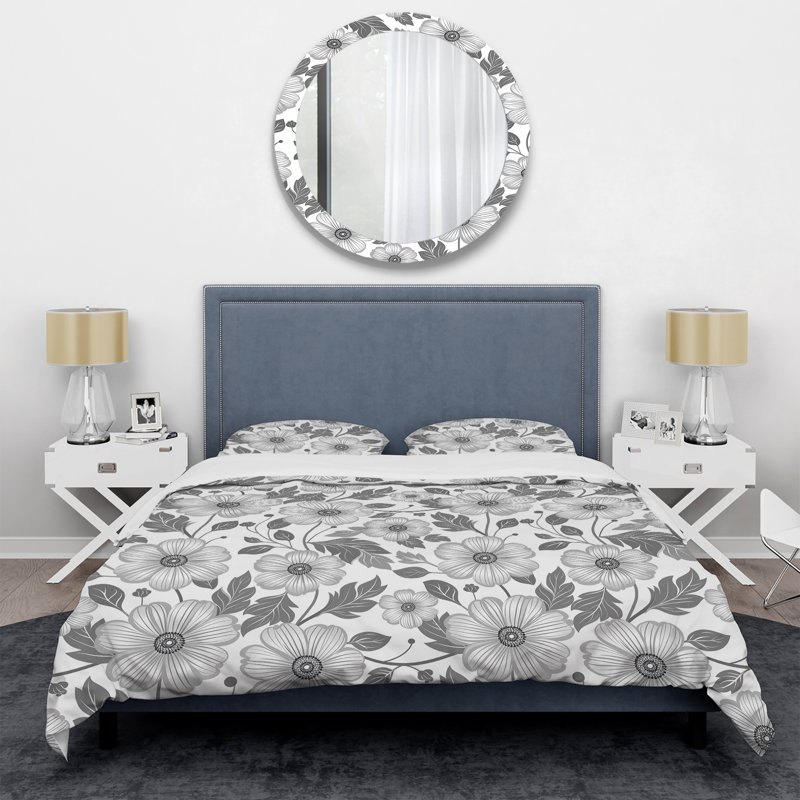 Ensemble de housse de couette transitionnel gris et blanc à motif floral I, Housse de couette pour grand lit et 2 taies décor