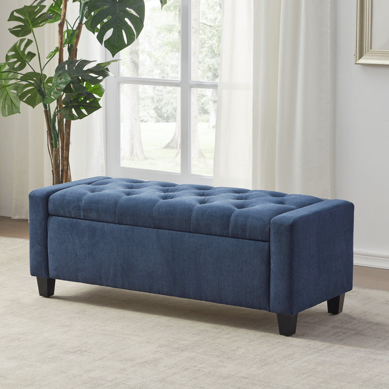 Dark Blue Upholstered Storage Ottoman Bench with Solid Wood Legs