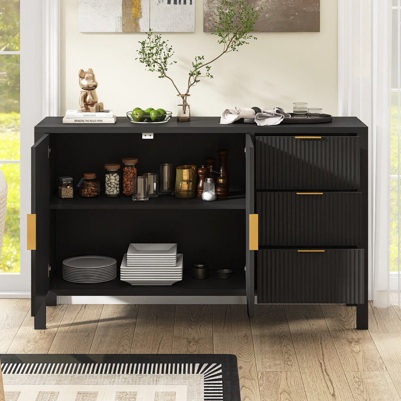 Buffet moderne de 55,1 po avec tablettes réglables, 3 tiroirs et crochets, Noir