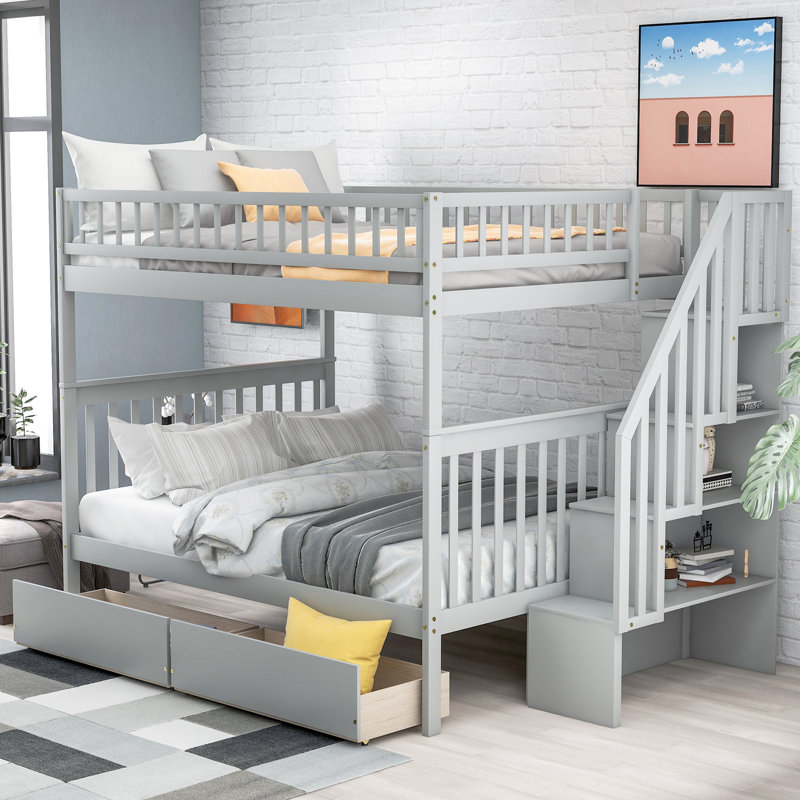 Lit superposé double gris avec rangement et tiroirs - Maximisez l'espace de la chambre à coucher, deux coffre-fort et 4 garde-corps inclinés pour un accès facile