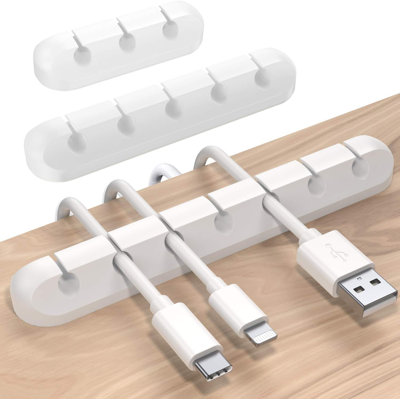 3-Piece Silicone Desktop Cable Organizer Set - Self-Adhesive Cord Management Clips for USB & Power Cables-White