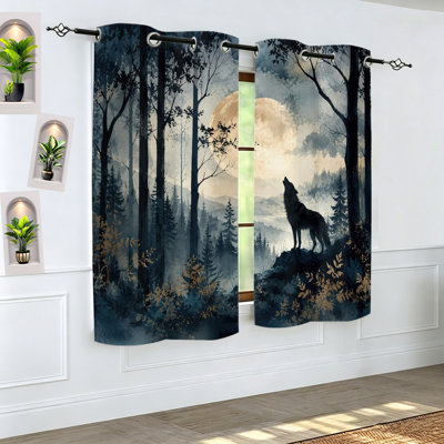 2Pcs Loup Hurlant à la Lune Scène de forêt Rideaux occultant, Aquarelle Woodland Nature Rideaux de fenêtre pour chambre à coucher Salon Décoration intérieure