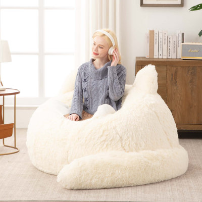 Modern Whimsical Style Cat Shaped Bean Bag Chair, Soft Faux Rabbit Fur Lazy Sofa with Detachable Tail Pillow for Adults & Kids