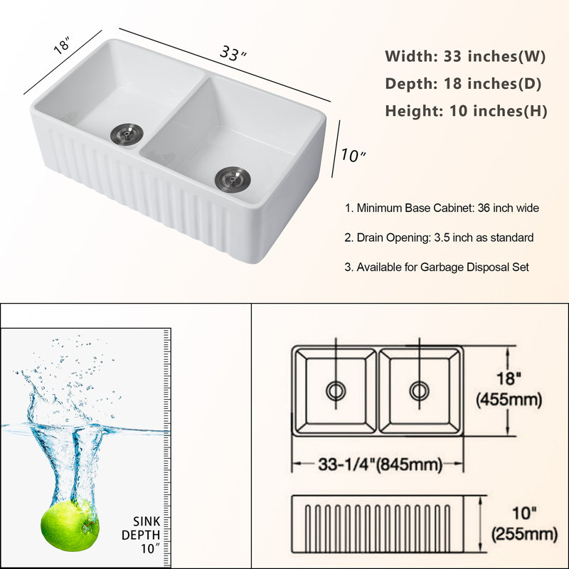33'' L Double Bowl Fireclay Kitchen Sink