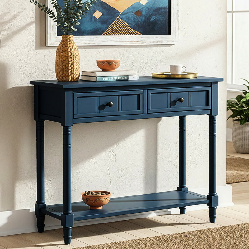 Console bleu marine foncé, design d'inspiration vintage, deux tiroirs spacieux, rangement, tablette inférieure, idéale pour exposer vos objets, en pin massif, fini lisse, coloris bleu marine, style traditionnel.