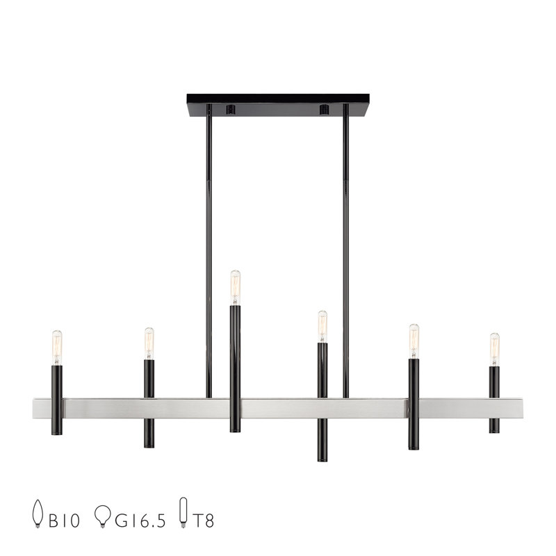 Lustre linéaire très grand en laiton satiné 8 lumières avec accents bronze, Noir, 6