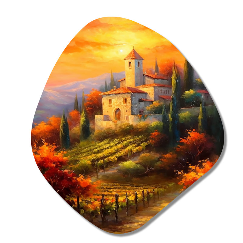 Magnifique château coucher de soleil dans un vignoble italien - art mural asymétrique en forme de nébuleuse des châteaux