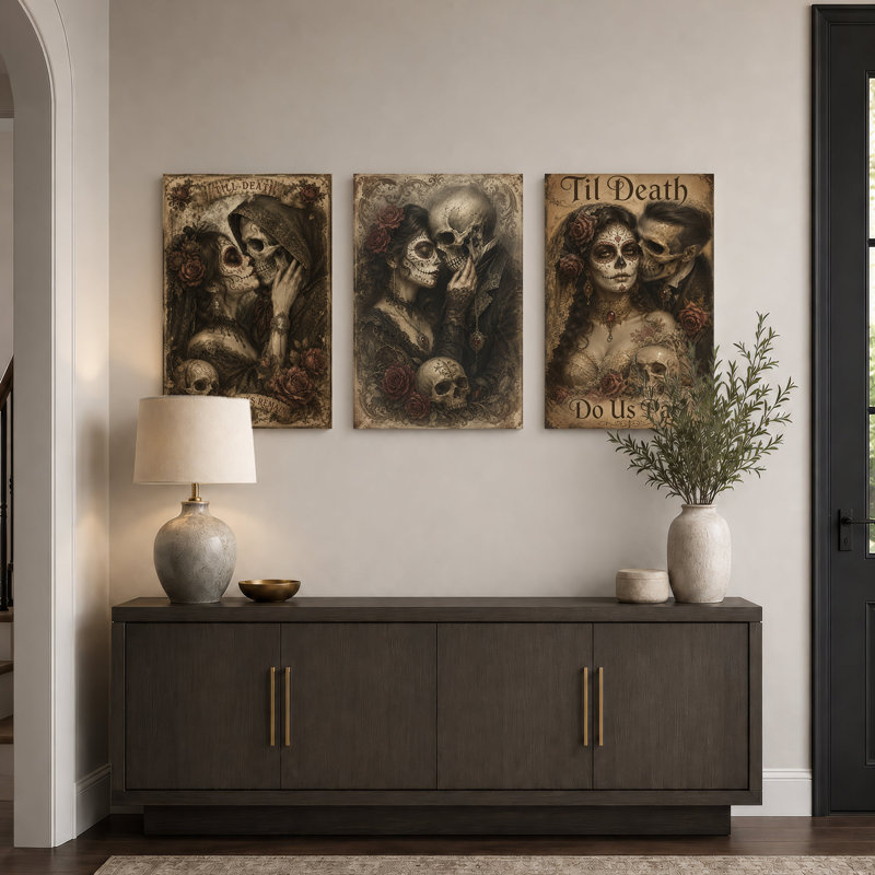 Couple de squelettes gothiques avec crâne en sucre - Ensemble de 3 toiles murales pour l'Halloween, 24"H x 16"W x 3pcs