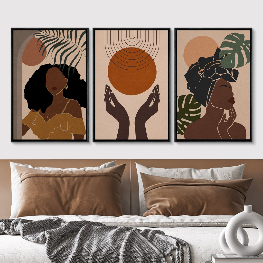 Mid Century Modern Boho " African American Stylish Black Woman Female Portrait Mid-Century Modern Boho Abstract Jungle Plant " 3 - Pieces IDEA4WALL Frame 