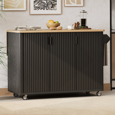 Îlot de cuisine cannelé de 51 po avec abattant, îlot de cuisine Farmhouse sur roulettes avec support de rangement interne, chariot de cuisine roulant avec porte-serviettes pour la cuisine, la salle à manger, le frêne noir