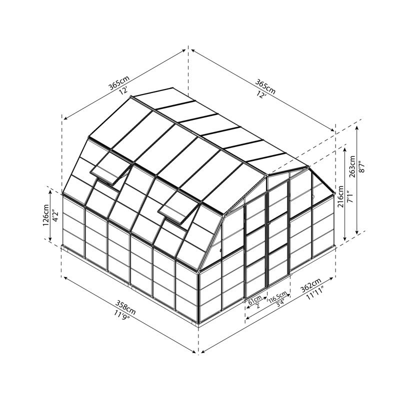 Palram - Canopia Americana 12' W x 12' D Walk-In Hobby Polycarbonate Aluminum Frame Greenhouse Kit with Roof Vents - Silver