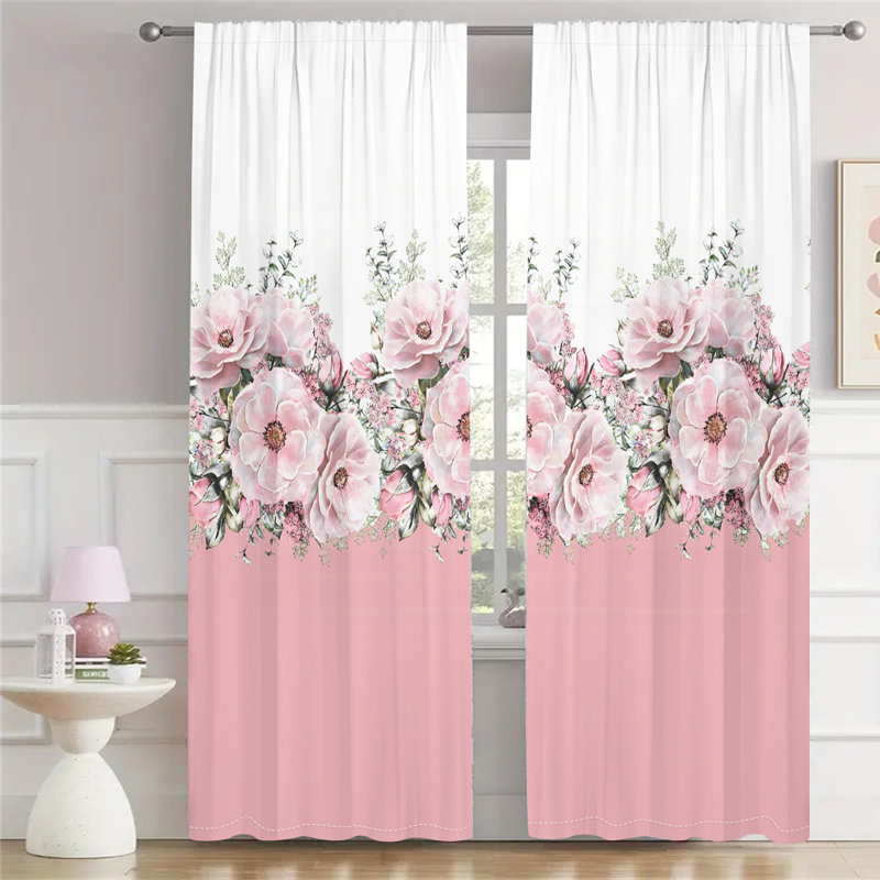 2Pcs Elegant Floral Print Curtains Rod Pocket Rose Pattern Window Treatments Light Filtering Polyester for Living Room Bedroom Dining Home Decor