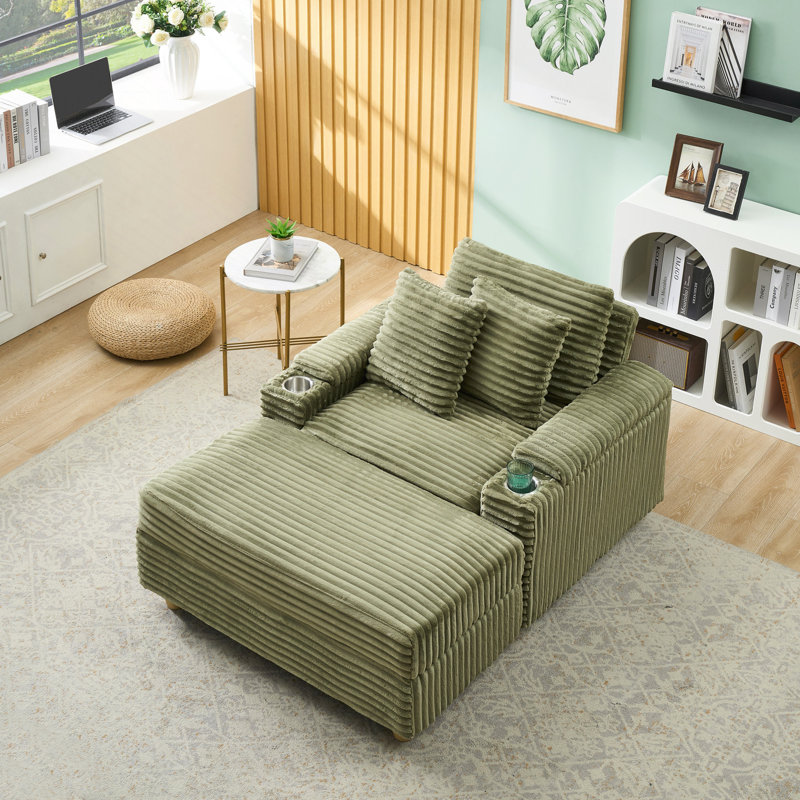 Canapé simple en velours côtelé avec un coussin, deux coussins décoratifs, un repose-pieds et deux espaces de rangement, Vert
