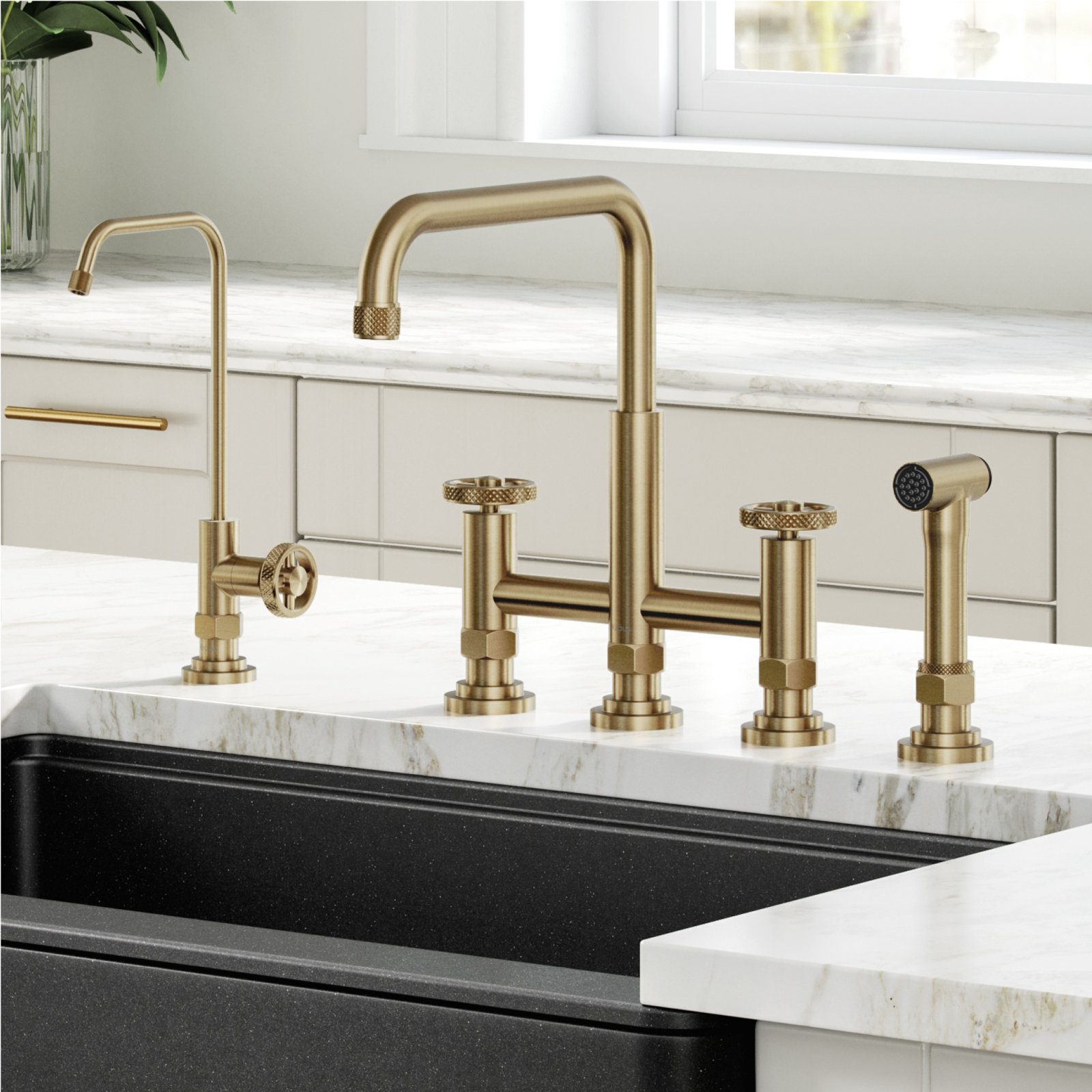 KRAUS Urbix Industrial Bridge Kitchen Faucet and Water Filter Faucet Combo, Brushed Gold