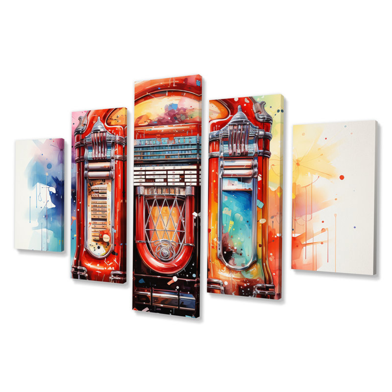 'Jukeboxe Retro Resonance Pointillism I - Music Canvas Print - 5 Panels