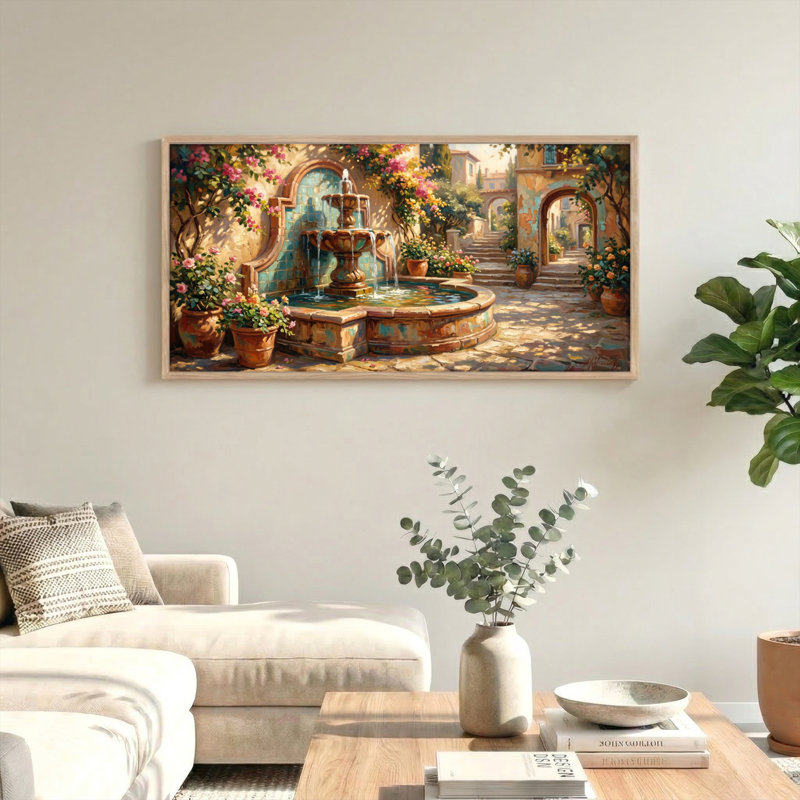Ensemble de 1 tableau sur toile représentant un jardin avec fontaine, L 40 po x H 20 po, Naturel
