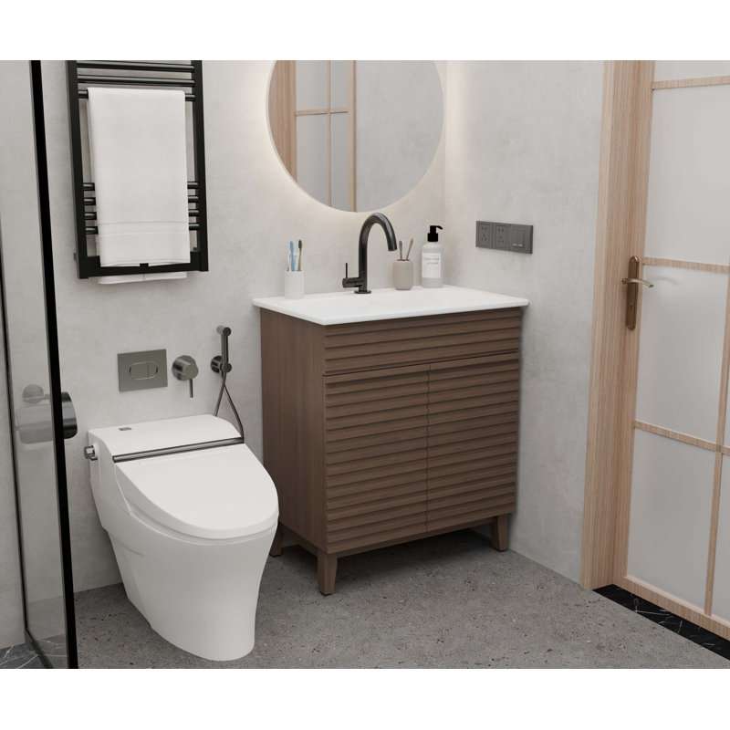 Meuble-lavabo de style moderne Mid-Century avec lavabo en céramique intégré