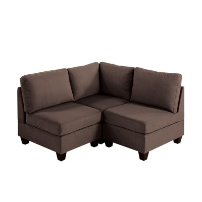 Ensemble de 3 chaises modulaires Black Coffee, en tissu aspect lin, avec structure en bois, couleur café intense et construction stable.