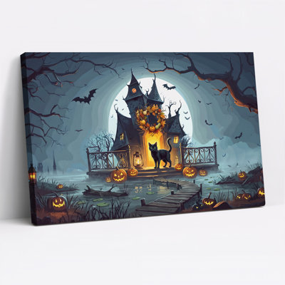 Spooky Haunted House With Black Cat And Lit Halloween Canvas Wall Art