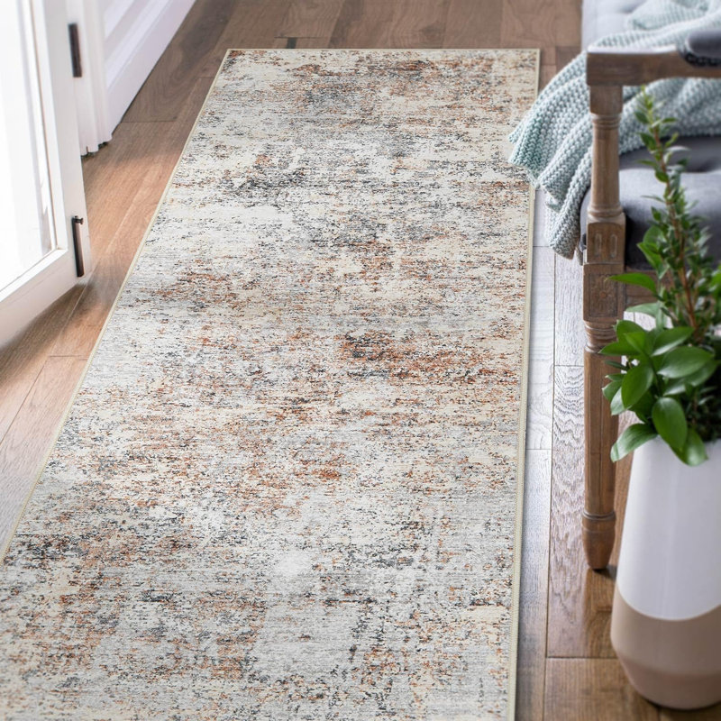 Abstract Non-Slip Machine Washable Taupe Area Rug, Runner 2' x 5'