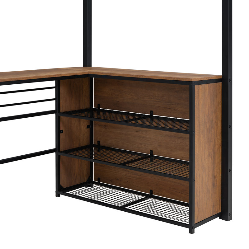 Loft Bed Metal Frame With U-Shaped Desk And 3-Tier Shelves, Twin, Black
