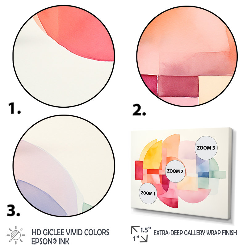 «Pastel Color Geometric Ink Collage III», art mural géométrique, Cadre d'angle fermé noir, H 30 po x l 40 po x P 1,5 po