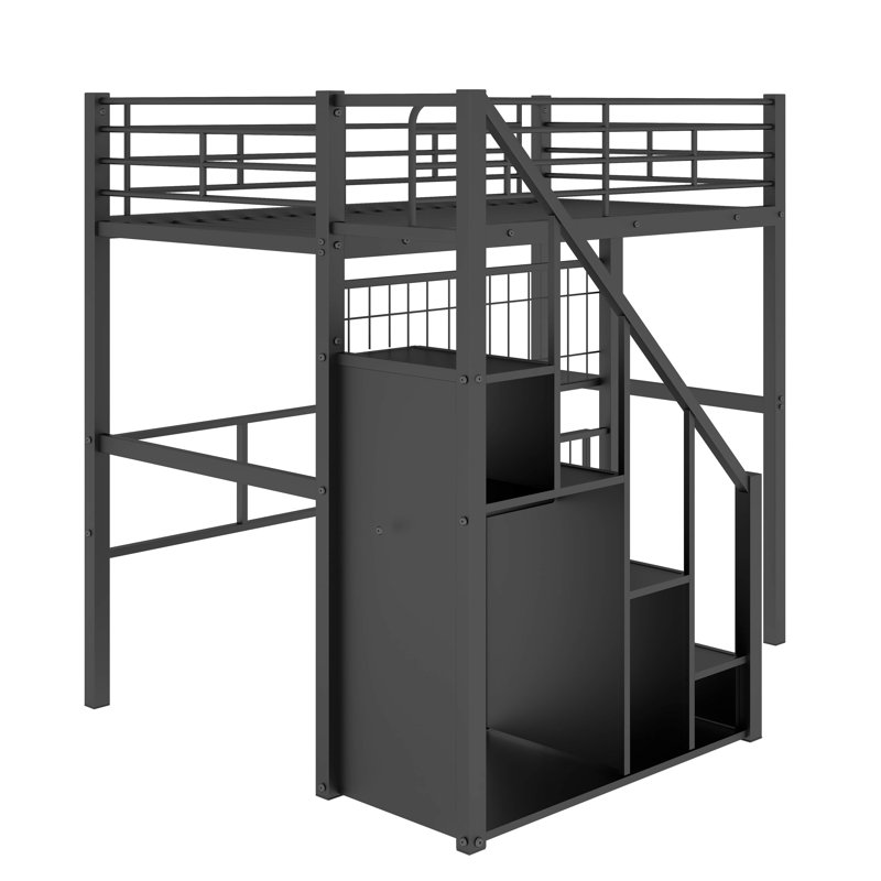 Lit mezzanine simple en métal avec escalier de rangement et petite armoire, Noir