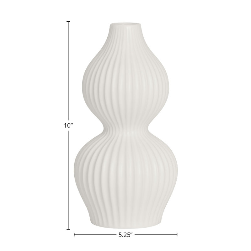 Liubomila 10" Ribbed White Ceramic Vase, White, 10" H x 5.25" W x 5.25" D